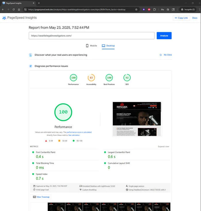 Seattle Legal Investigators Google Page Speed Insights