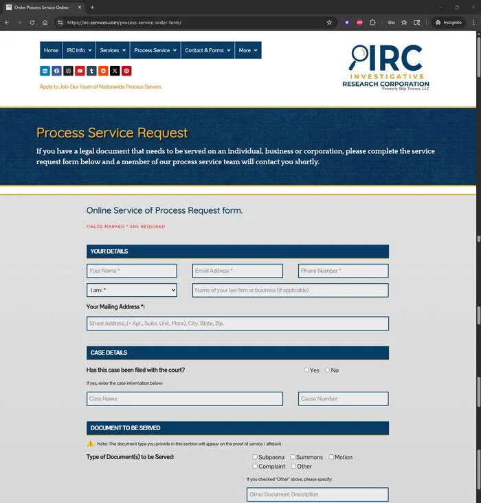 IRC Process Service Order Form
