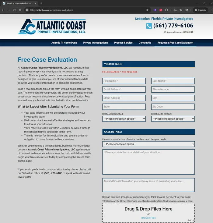 Atlantic Coast Private Investigations Case Evaluation Form