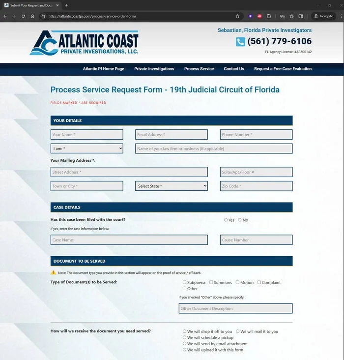 Atlantic Coast PI Process Service Order